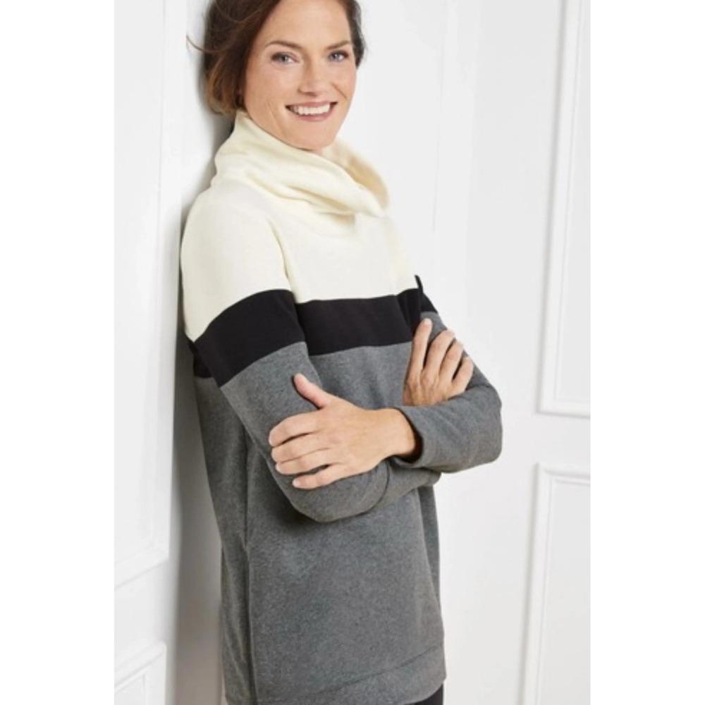 T by Talbots Womens Size LP Gray White Black Colorblock‎ Mock Neck Sweatshirt